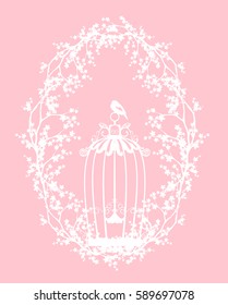 bird cage among spring tree branches - seasonal vector silhouette