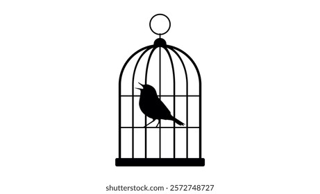 Bird in cage , black isolated silhouette