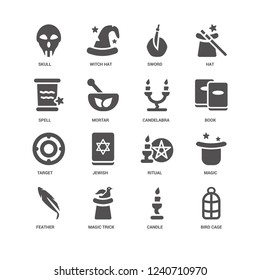 Bird cage, Book, Candelabra, Feather, Magic, Skull, Spell, Target, Candle, Magic trick, Sword icon 16 set EPS 10 vector format. Icons optimized for both large and small resolutions.