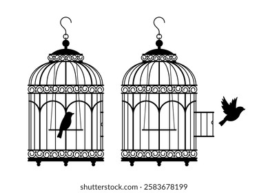 Bird in cage and canary flying out cage. Black silhouettes. Antique, classic house for parrot. Retro birdcage escape and freedom symbol. Decorative element. Vector isolated concept