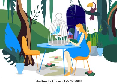 Bird in cage care, vector illustration. Girl people character pay attention to pet, tropical animal on table. Femininity room interior, wild life elements on wall. Cartoon bird, domestic parrot.