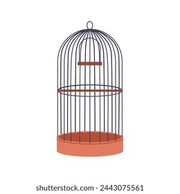 Bird cage. Closed locked empty birdcage. Wired cell house, corded home of round shape, wooden perch. Flat graphic vector illustration isolated on white background