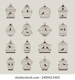 Bird cage. Decorative metal houses for domestic birds recent vector cage silhouettes