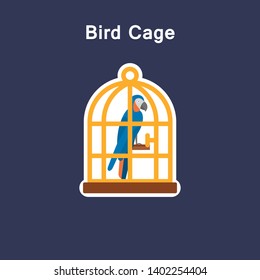 Bird cage flat icon sticker in gold color, logo element vector illustration. Parrot cage. Flat symbols of pane for flier for print media website. Isolated on white background