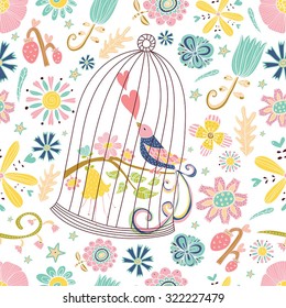  Bird in a cage and flowers. Vector seamless pattern. Seamless pattern can be used for wallpaper, pattern fills, web page background, surface textures.