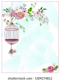 bird cage hanging from branch with different flowers and leaves on blue watercolor background