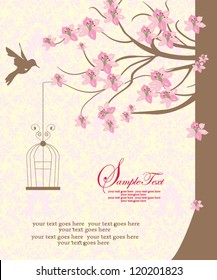 bird cage hanging from branch. invitation card