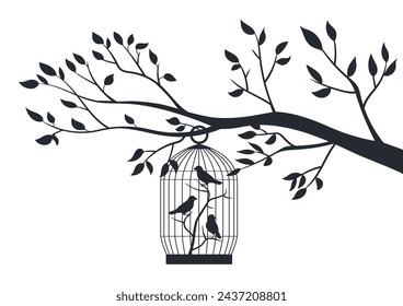 Bird cage hanging on tree. Decorative birds in tree cage, birds in in metal cages silhouettes flat vector illustration. Birds cage hanging on tree branch