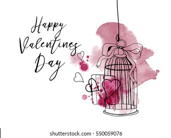 Bird Cage with hearts.Happy valentine's day. Hand drawing vector sketshes.