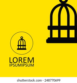 bird cage icon, black on yellow background 
