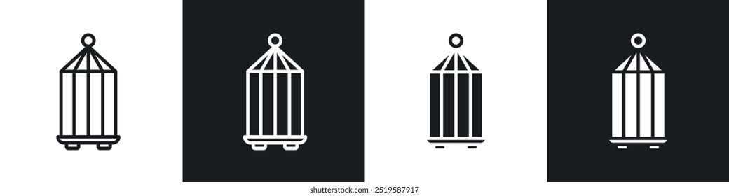 Bird cage icon collection in black and white filled and stroke line style.