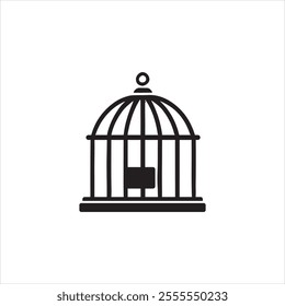 Bird cage icon, simple black and white design, minimalist illustration, vector graphic, flat style, pet accessory symbol, containment concept, freedom metaphor, outline drawing, clean lines, isolated 