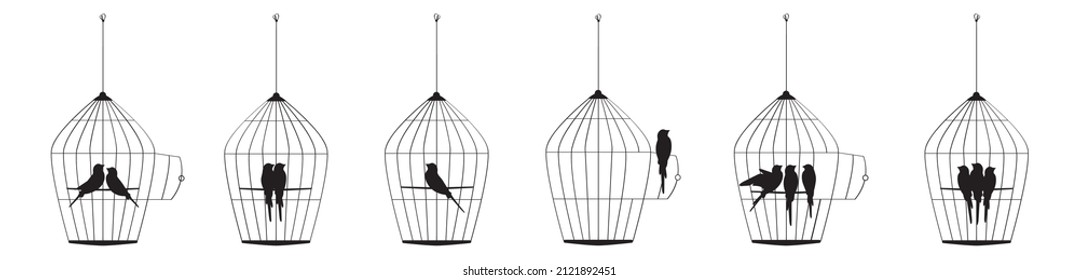 Bird cage illustration with birds silhouettes isolated on white background, vector. Set of birds cage, art design