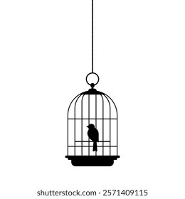 Bird in cage isolated on white background