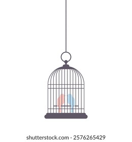 Bird in cage isolated on white background