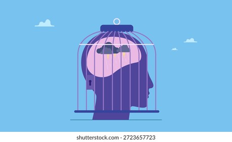 Bloqueo de jaula de pájaro sobre el cerebro humano deprimido y temeroso. Mentalidad fija, emoción negativa se niegan a aprender algo nuevo, temeroso o bloqueo mental, supresión o trastorno de aversión.