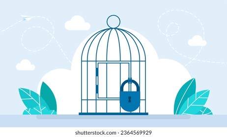 Jaula de pájaro con candado. Puerta de la prisión. Vintage cárcel vacía de metal con puerta cerrada aislada de fondo blanco. La jaula. Trampas de acero. Jaula de pájaro vintage. Estilo plano. Ilustración del vector