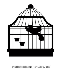 Bird in cage with metal swirls and containers for water. Isolated silhouette of caged avian animal trying to fly. Birdie in zoo or pet store, shop assortment. Vector in flat style illustration