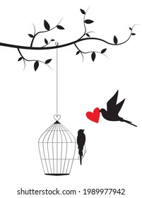 Bird cage on branch and flying bird silhouette isolated on white background, vector. Wall decals, wall art, artwork. Flying bird holding red heart.