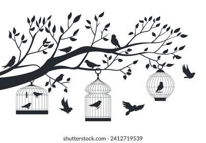 Jaula de pájaro en el árbol. Aves exóticas en siluetas de jaulas metálicas, aves decorativas, finca, budgie y loro en la ilustración plana vectorial de jaulas arbóreas. Jaula de pájaro colgando del árbol