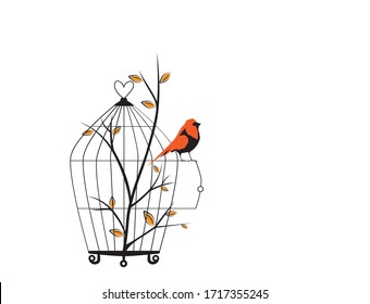 Jaula de pájaros con puerta abierta y silueta de pájaro ladrón, vector. Decoración en las paredes, decoración en las paredes, diseño de carteles aislado de fondo blanco. Decoración de arte, símbolo de libertad