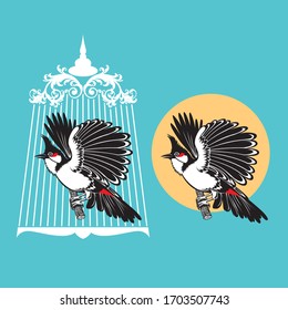 a bird in a cage and a bird perching on a log, vector illustration With lines and colors that are clear and realistic details, Collection set for use illustration vector and simple design.