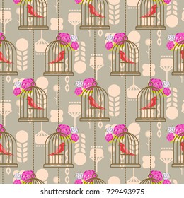 Bird cage romantic seamless vector pattern roses wallpaper. Birdcage taupe and blue pastel floral repeat background for card, invitation and paper.