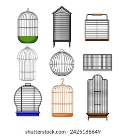 bird cage set cartoon. escape vintage, freedom line, golden drawing bird cage sign. isolated symbol vector illustration