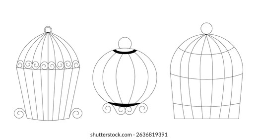 Bird cage set in doodle and line art style hand drawn sketch collection of metal bird cages different types and sizes for home decoration vector element
