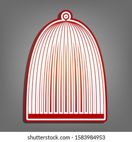 Bird cage sign. Flat red icon with linear white icon with gray shadow at grayish background. Illustration.
