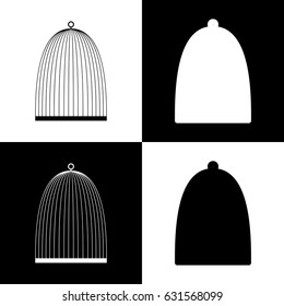 Bird cage sign. Vector. Black and white icons and line icon on chess board.