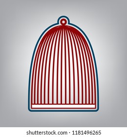 Bird cage sign. Vector. Dark red, transparent and midnight green stroke of white icon at grayish background.