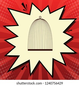 Bird cage sign. Vector. Dark red icon in lemon chiffon shutter bubble at red popart background with rays.