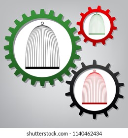 Bird cage sign. Vector. Three connected gears with icons at grayish background.