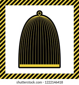 Bird cage sign. Vector. Warm yellow icon with black contour in frame named as under construction at white background. Isolated.