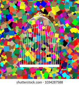 Bird cage sign. Vector. White icon on colorful background with seamless pattern from squares.