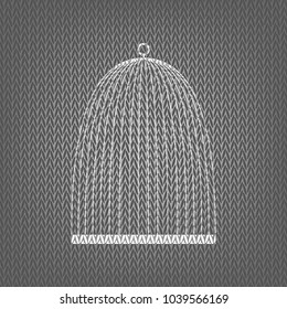 Bird cage sign. Vector. White knitted icon on gray knitted background. Isolated.