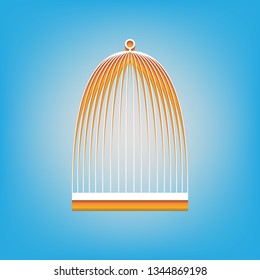Bird cage sign. Vector. White icon with 3d warm-colored gradient body at sky blue background.