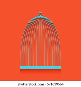 Bird cage sign. Vector. Whitish icon on brick wall as background.