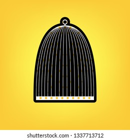 Bird cage sign. Vector. Yellow polka dot white icon with black contour at warm yellow background.