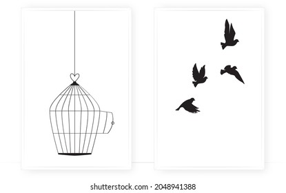 Bird cage silhouette hanging and flying birds silhouettes isolated on white background, vector. Two pieces canvas art design. Scandinavian minimalist poster design. Wall art, artwork