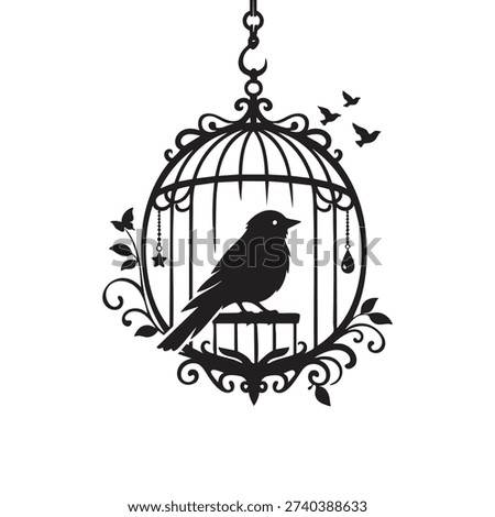 Bird in cage silhouette vector illustration representing freedom, captivity, and symbolic concept. Minimal black silhouette design suitable for artistic projects, logo elements, tattoo concepts, social awareness themes, websites, mobile apps, posters, banners, and print materials.