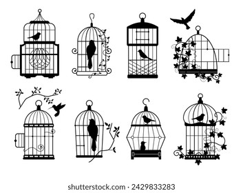 Bird cage silhouettes. Illustration birdcage design, silhouette set vintage, animal with wing, freedom and prison, empty and closed metal captivity vector