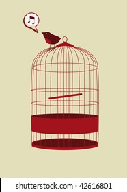 bird in cage singing in vector mode
