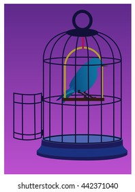 Bird Cage / A bird sits in an open cage.