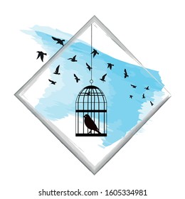 bird and cage  t-shirt design suitable for fabric print / print on any colour t shirts. also colour can be edit with editable files. vector illustration design, Blue Water color background and frame