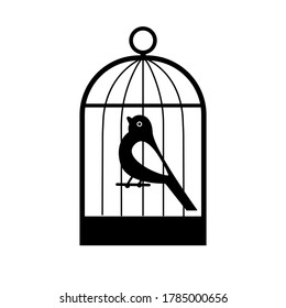 Bird in a cage. Vector icon. Black and white illustration. Isolated on a white background.