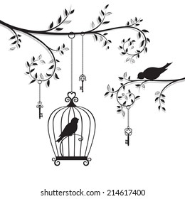 The Bird In The Cage. Vector Illustration