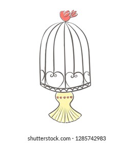 bird cage vector illustration. pink canary bird