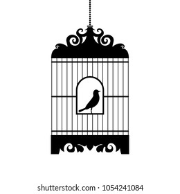 Bird in cage vector silhouette.
